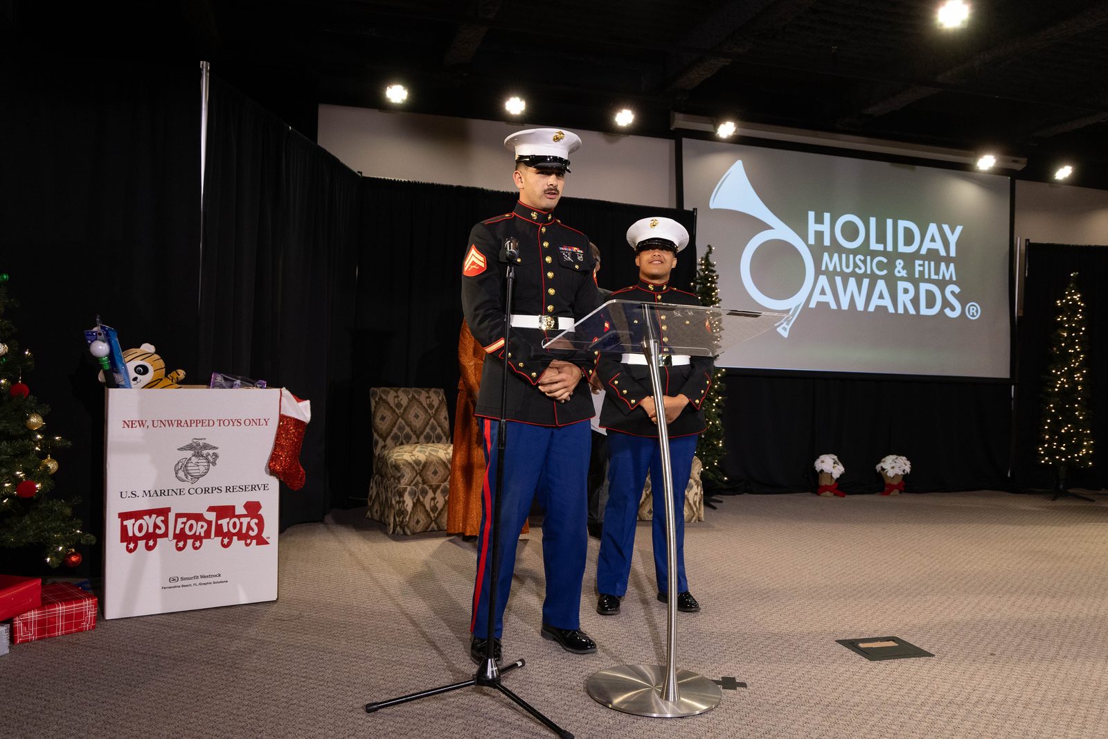 U.S. Marines collecting donations for Toys for Tots at the HMFA