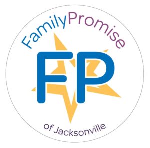 A white circle with the words family promise of jacksonville written in it.