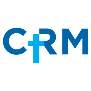 A blue cross and letters are in the shape of crm.